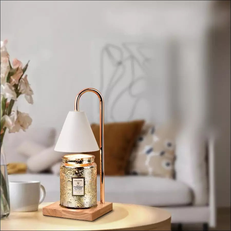 Sophia electric candle warmer: Steel & wood design table lamp for safe, flameless candle melting and scent.