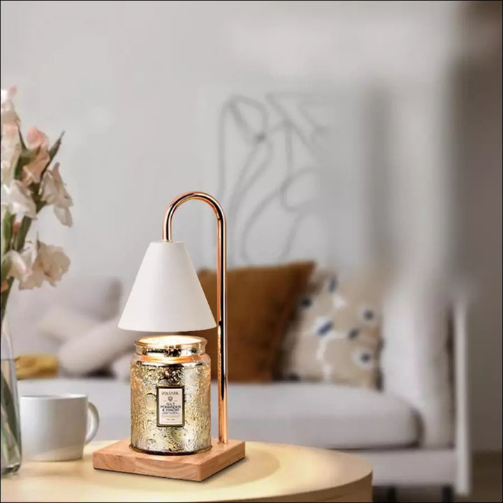 Sophia electric candle warmer: Steel & wood design table lamp for safe, flameless candle melting and scent.