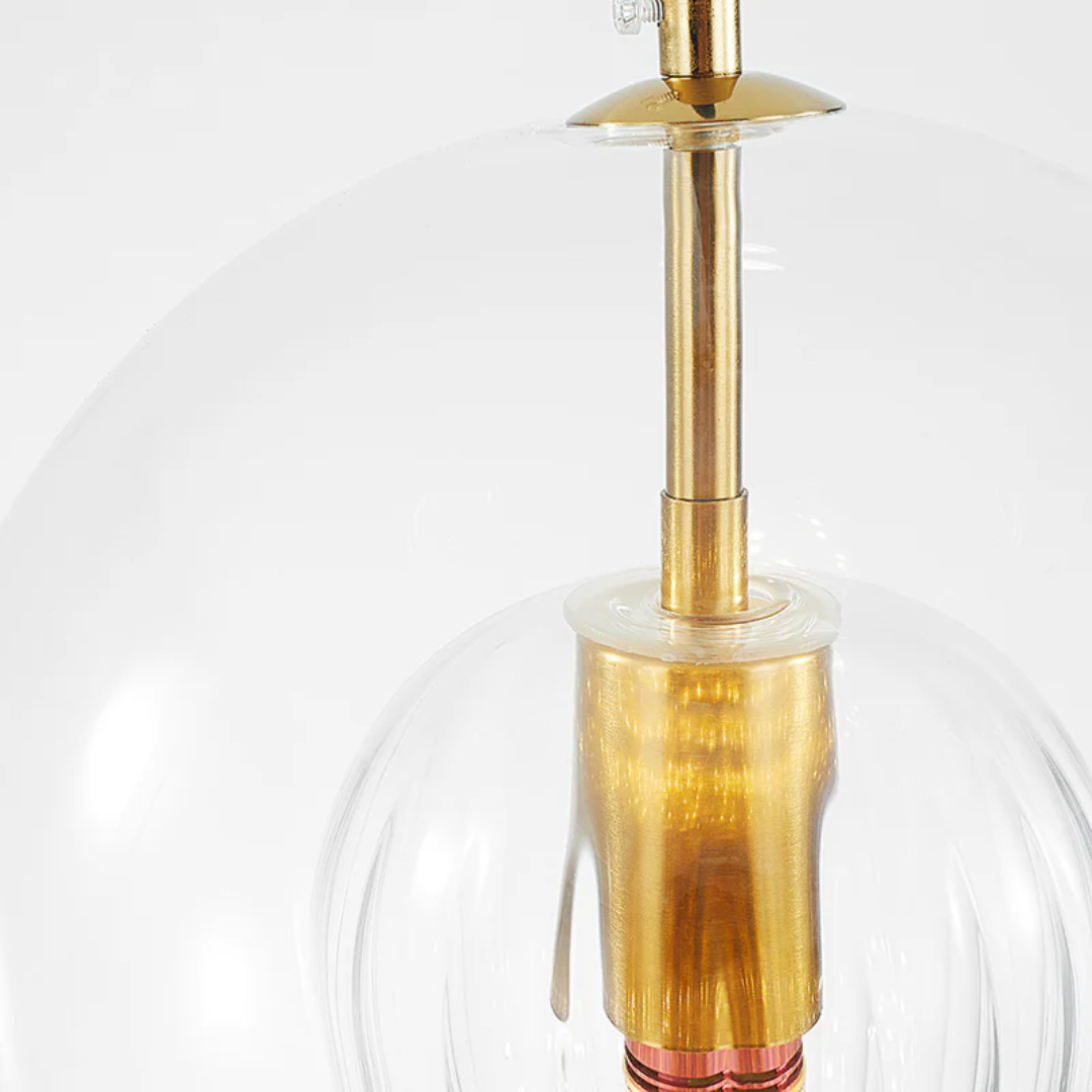 Elegant spherical LED pendant light, Aurora Sphere, ideal for modern dining room lighting, warm white glow.