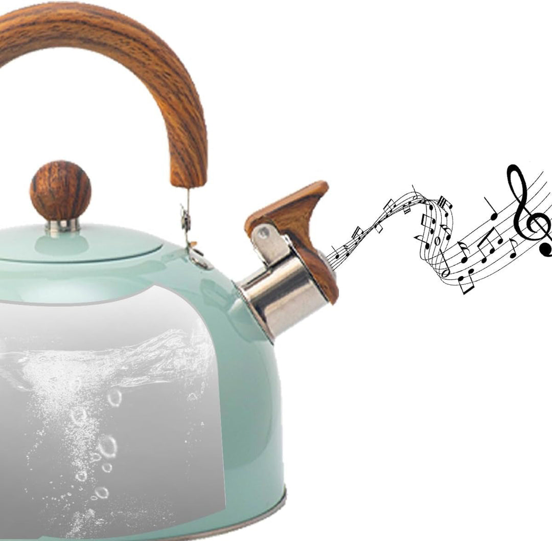 Close-up of a stainless steel whistling kettle's spout, highlighting its elegant design and quality.
