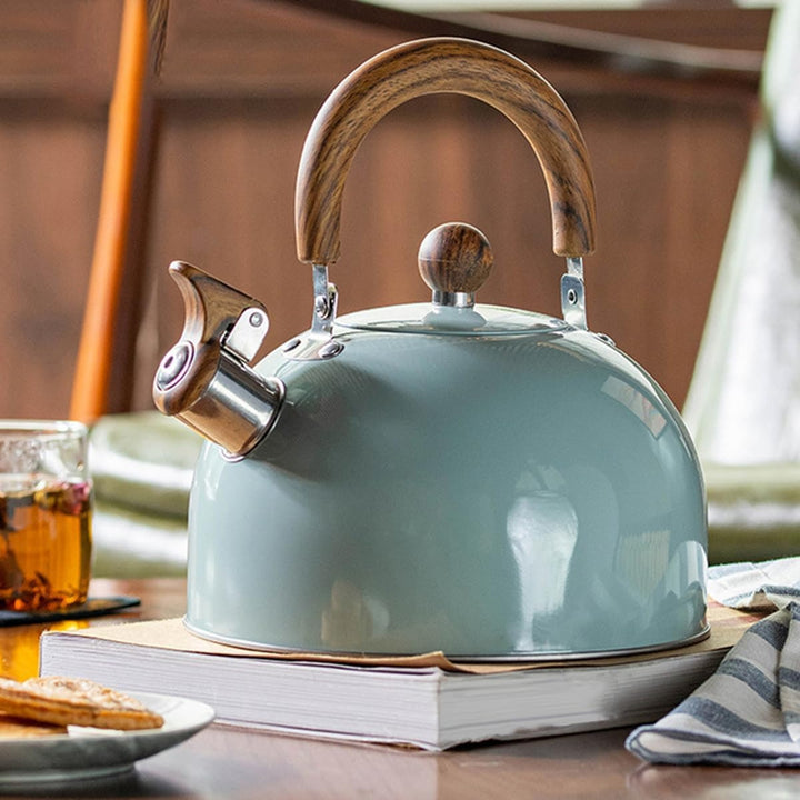 Contemporary stainless steel whistling kettle, a durable and stylish piece of kitchen cookware.