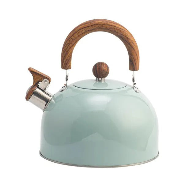 Front view of a Kavana stainless steel whistling kettle, showcasing its shiny finish and modern look.