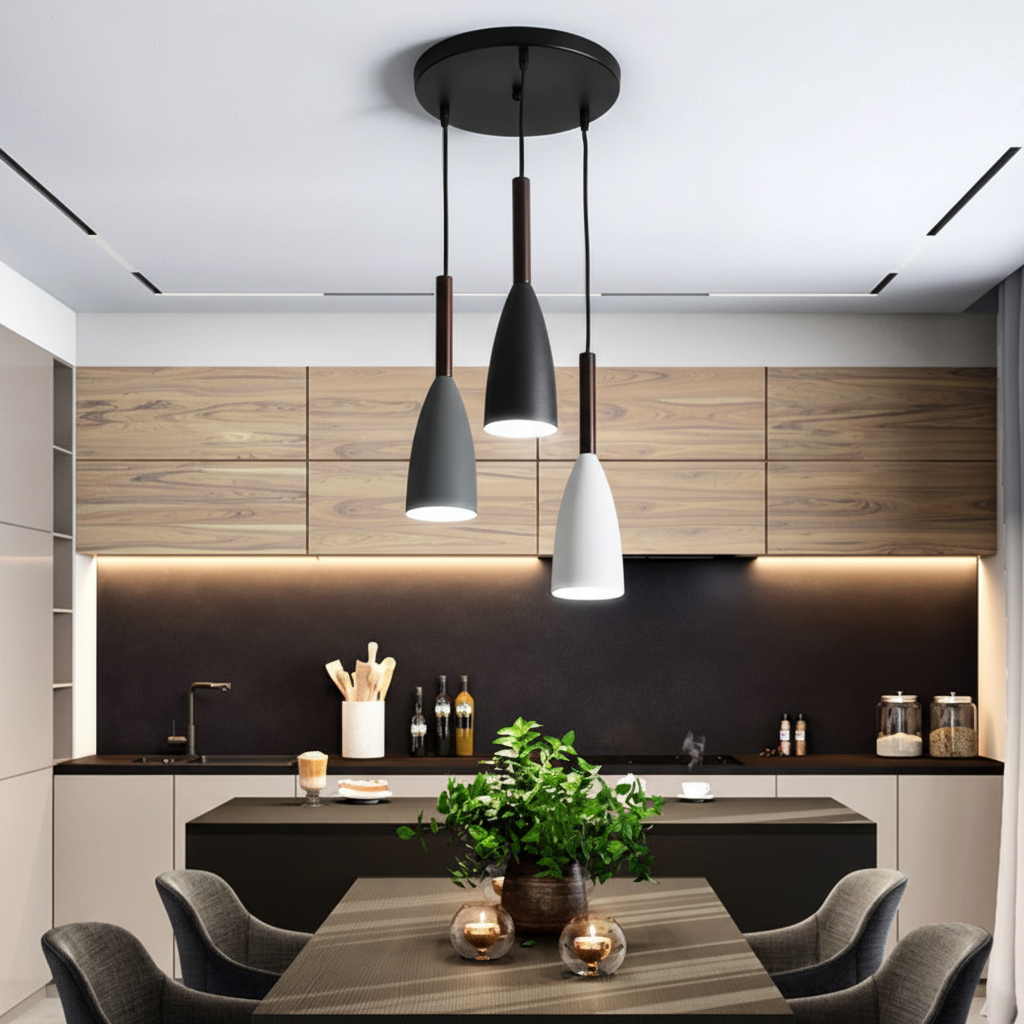 Modern triple pendant light, Scandinavian design. Ideal ScandiBeam lighting for kitchen islands.