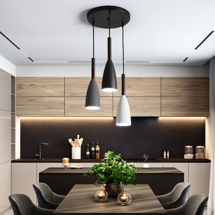 Modern triple pendant light, Scandinavian design. Ideal ScandiBeam lighting for kitchen islands.