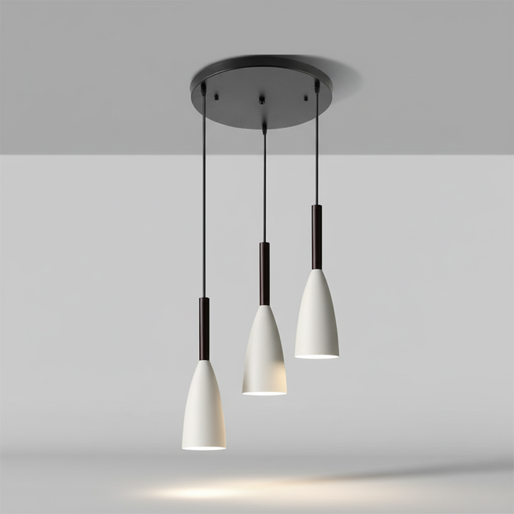 Scandinavian triple pendant light, adjustable for various ceiling heights. Modern home lighting solution.
