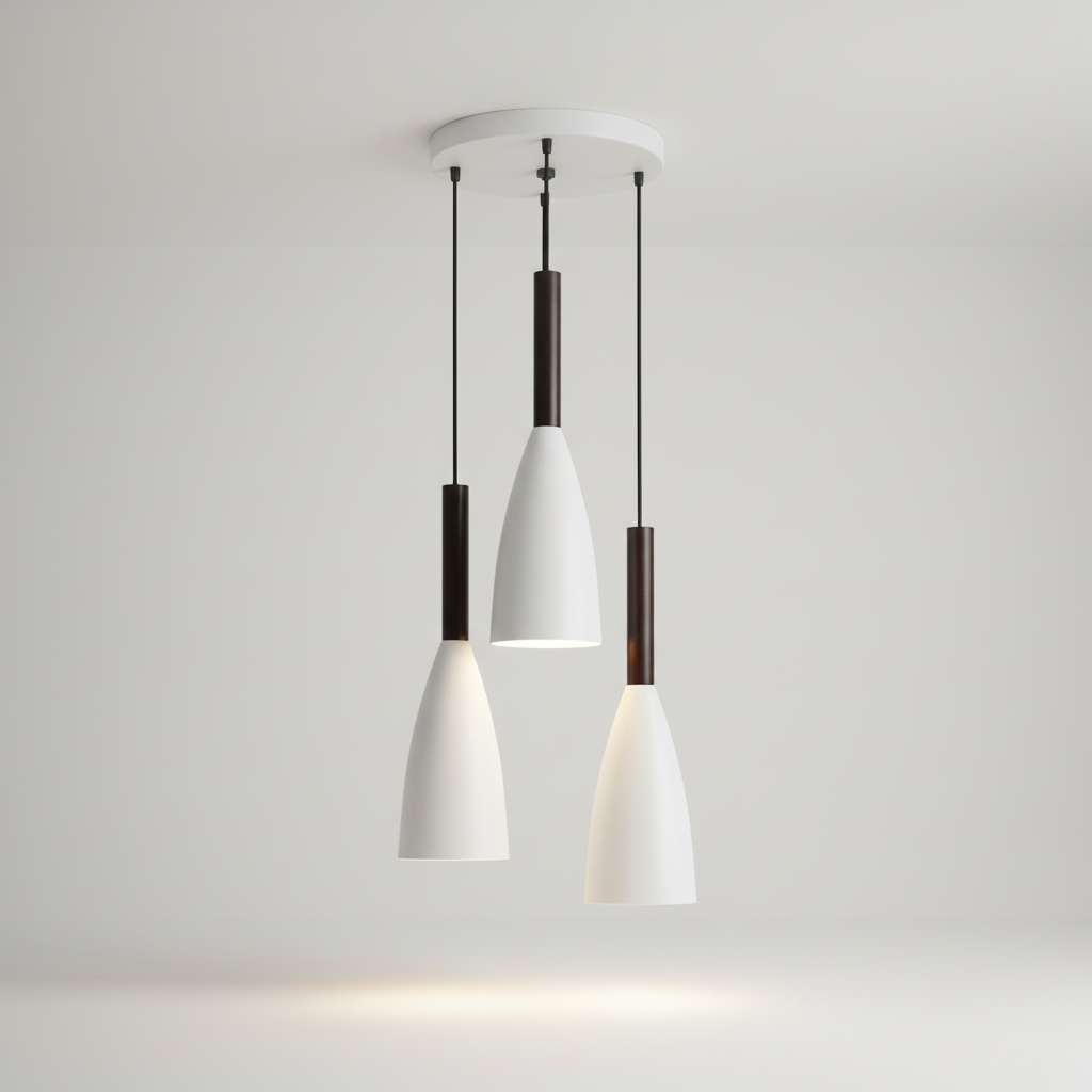 Nordic inspired triple pendant light, a chic modern decor piece. Home lighting solution for stylish interiors.
