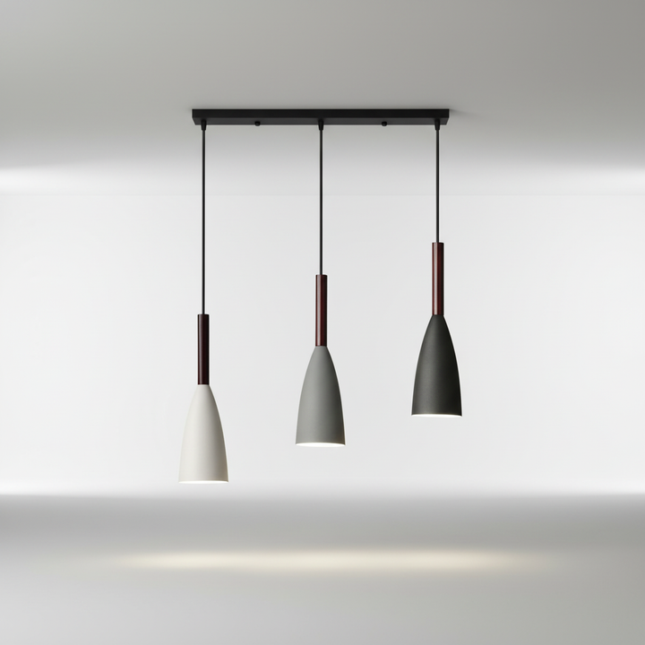 Scandinavian triple pendant light with three shades. Contemporary home lighting for living spaces.