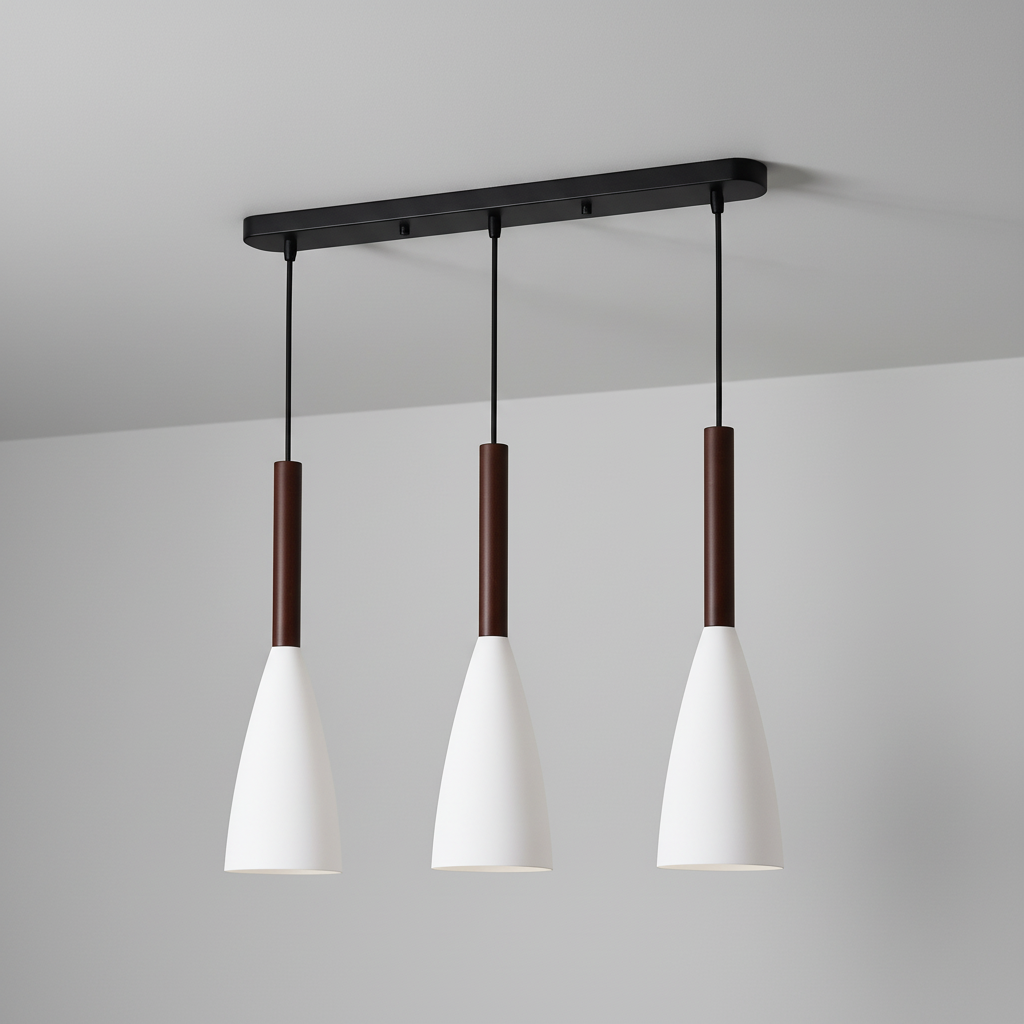 Sleek triple pendant light, modern Scandinavian style. Ideal above kitchen island or dining table.