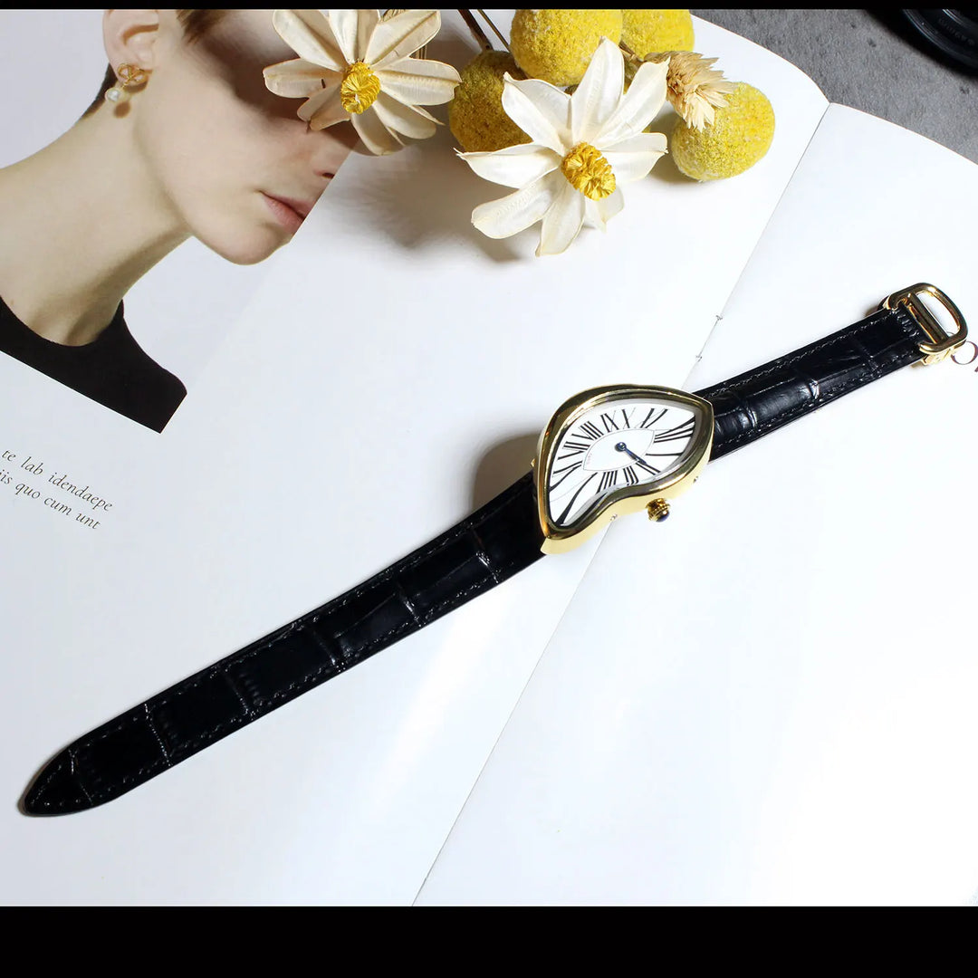 Unisex Nova Flux watch, an elegant asymmetric timepiece with a modern design and a sleek leather strap. Fashion statement.