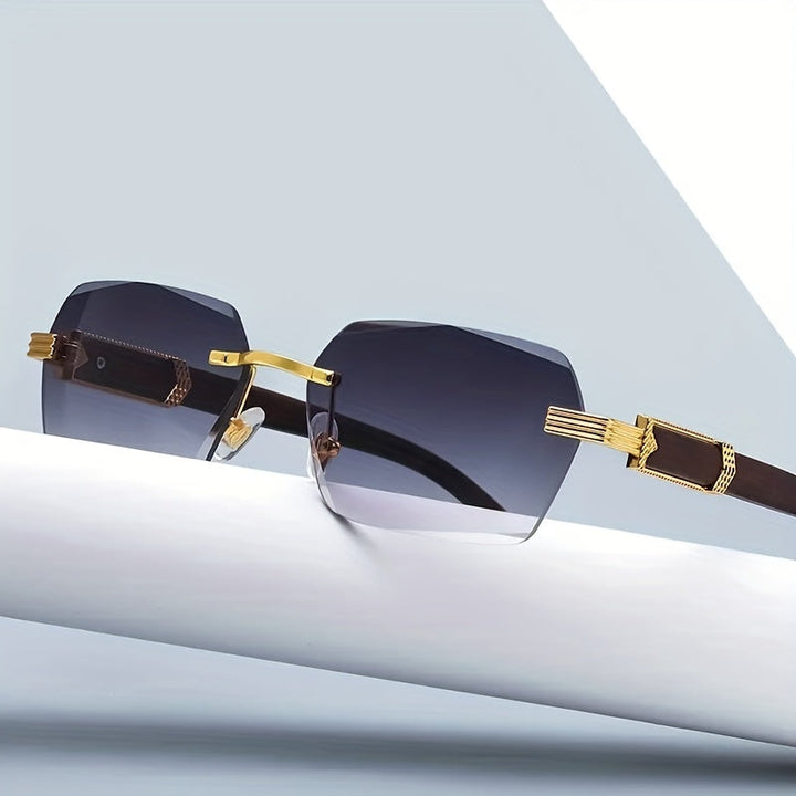 Modern unisex rimless rectangular sunglasses with faux wood arms, offering full UV protection.