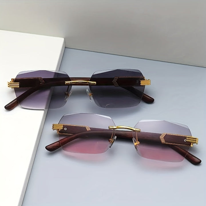Stylish rimless rectangular sunglasses featuring realistic faux wood arms, ideal for summer fashion.