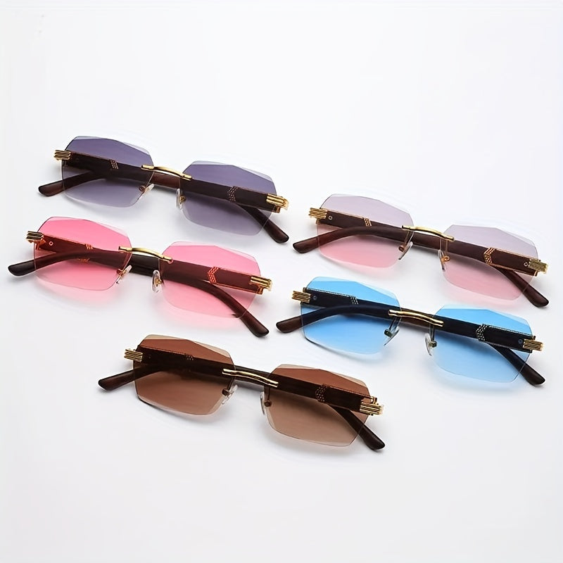Fashionable unisex rimless sunglasses with distinct rectangular lenses and unique faux wood arms.