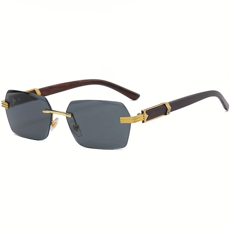 Sleek rectangular rimless eyewear, unisex design with elegant faux wood arms & UV protection.