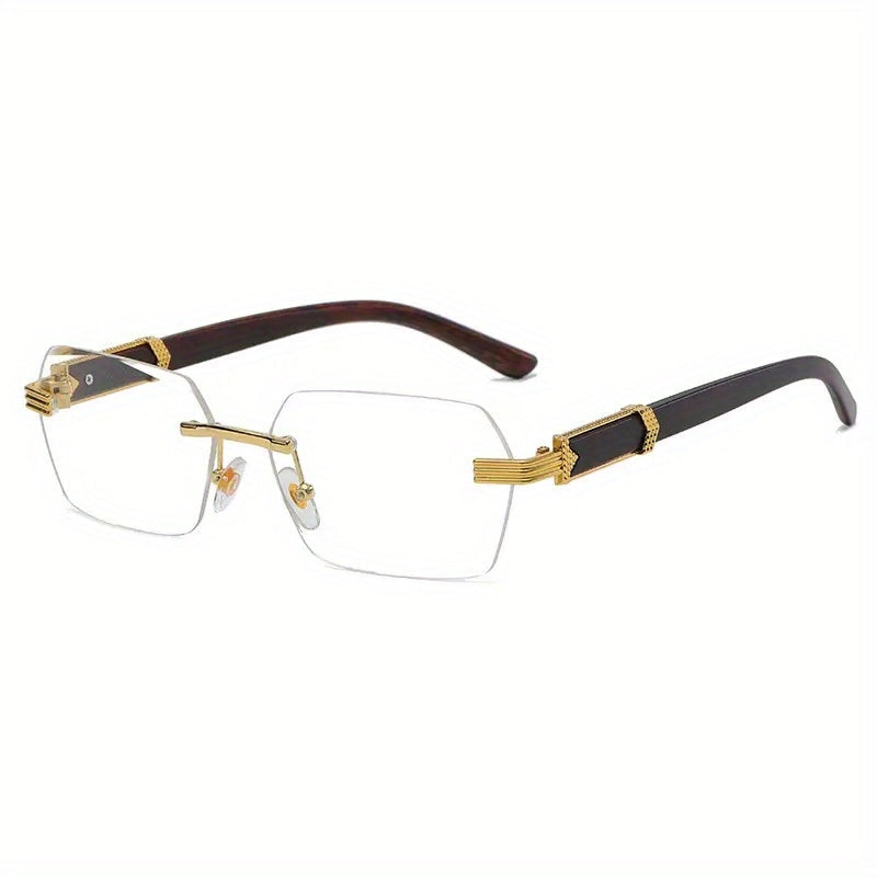 Contemporary rimless rectangular sunglasses, unisex, with distinct faux wood arms & blue light filter.