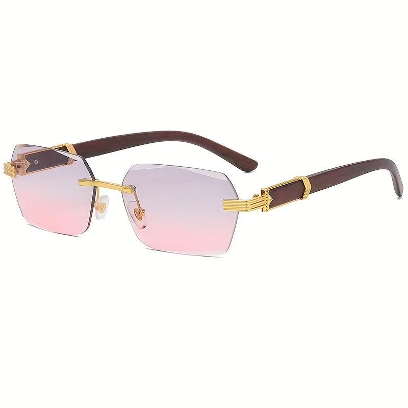 Chic rimless rectangular sunglasses for men & women, with faux wood arms & complete UV protection.