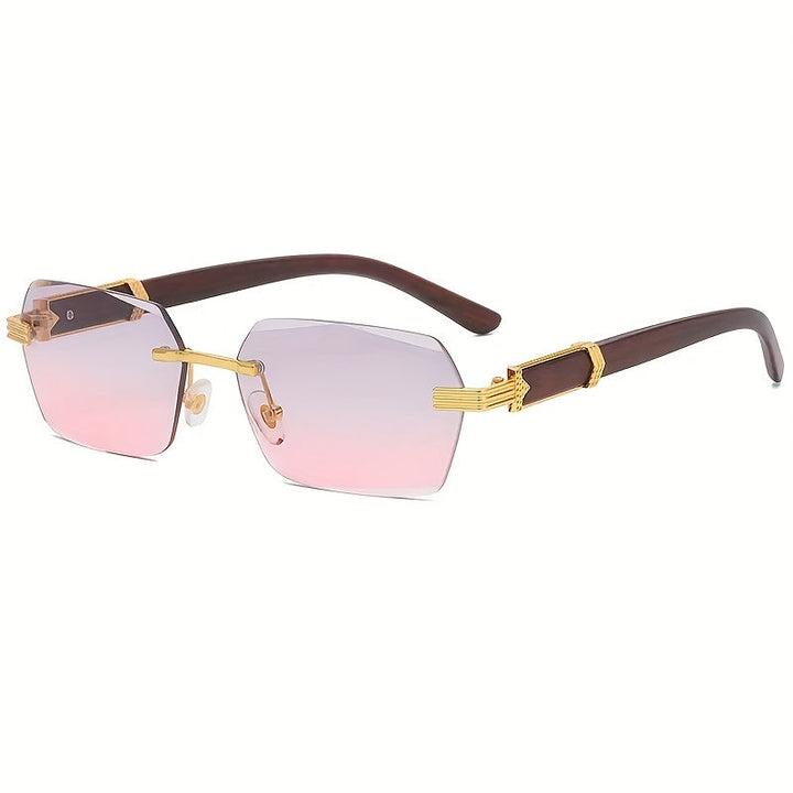 Chic rimless rectangular sunglasses for men & women, with faux wood arms & complete UV protection.