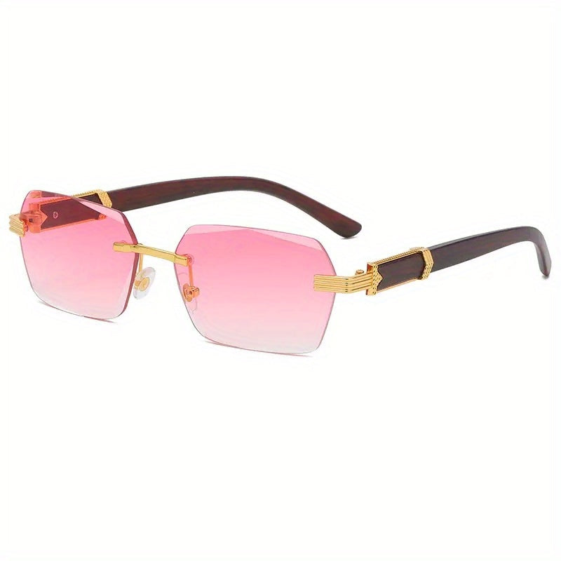 Trendsetting rimless rectangular sunglasses, unisex, with eye-catching faux wood arms for a bold look.