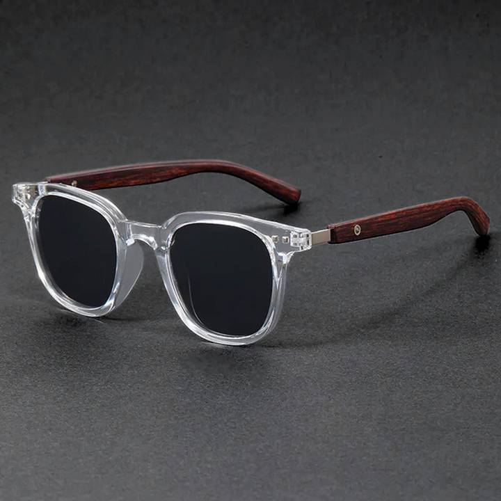 Modern unisex sunglasses with stylish wooden arms and durable acetate frame.
