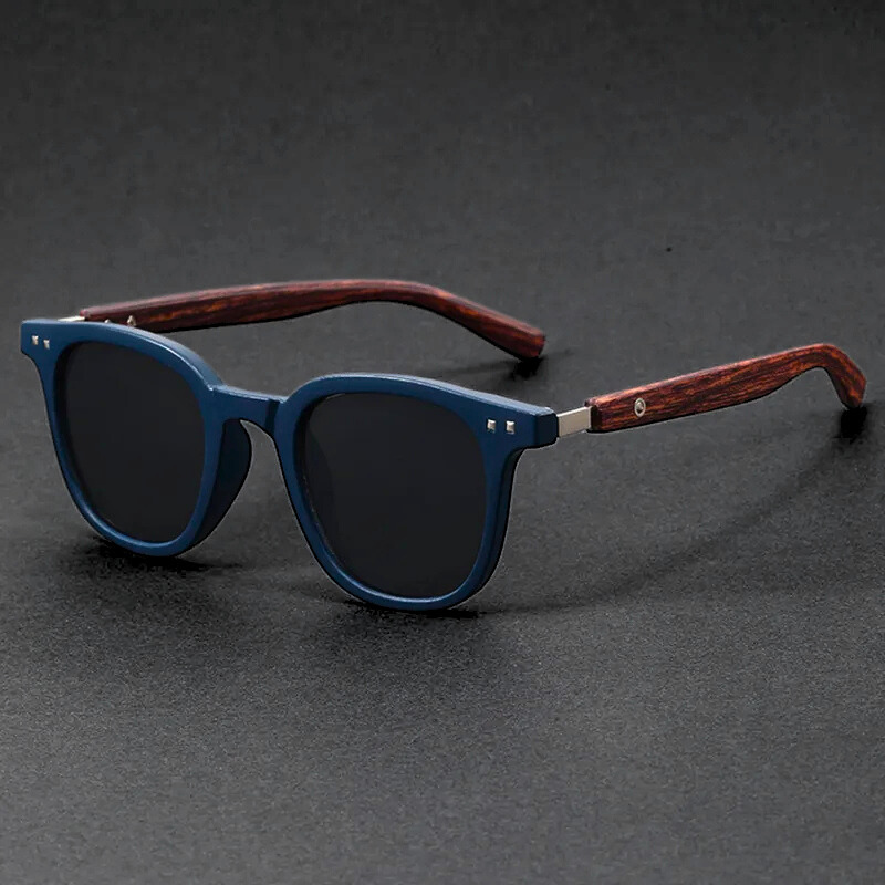 Contemporary unisex sunglasses: sturdy wood arms, acetate frame, and scratch-resistant UV lenses.