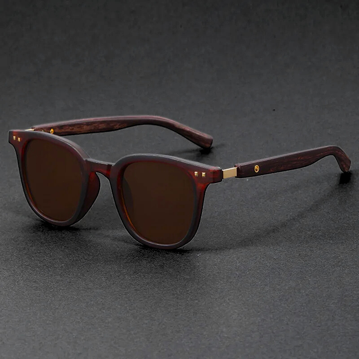 Stylish modern unisex eyewear with distinct wooden arms and protective scratch-resistant lenses.