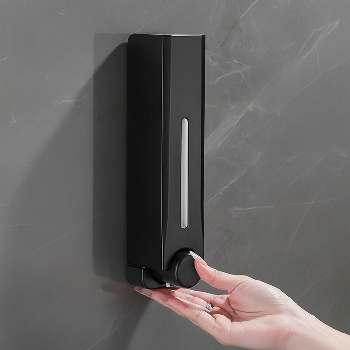 Modern wall-mounted liquid soap dispenser, LiquidMate, in a bathroom setting, enhancing organization