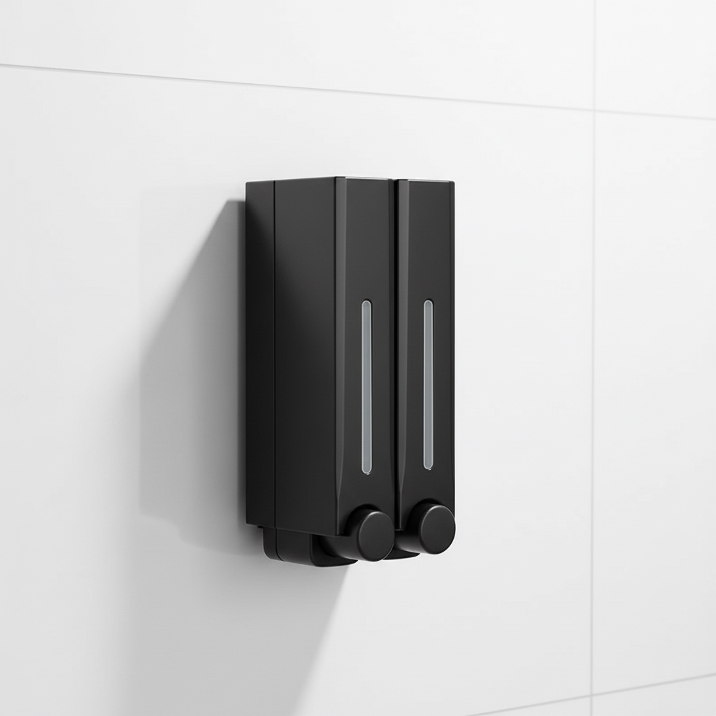 LiquidMate plastic wall-mounted soap dispenser for convenient shower use and household organization