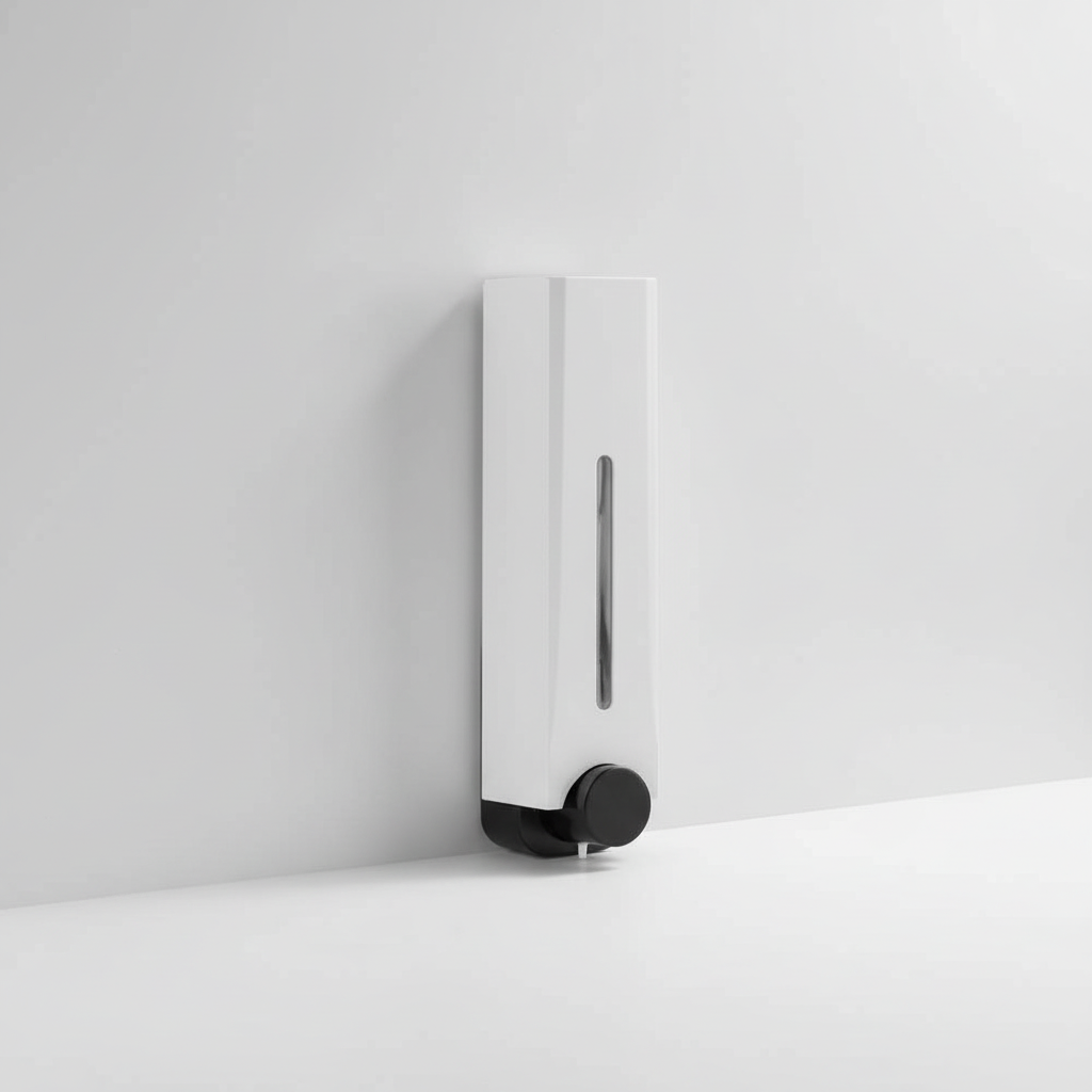 White wall mount liquid soap dispenser, LiquidMate, a practical shower accessory for easy access