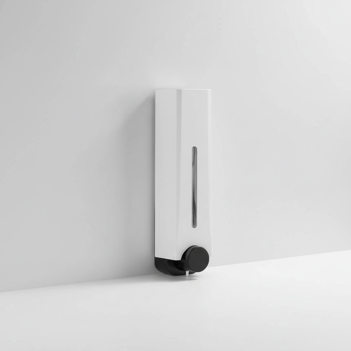 White wall mount liquid soap dispenser, LiquidMate, a practical shower accessory for easy access