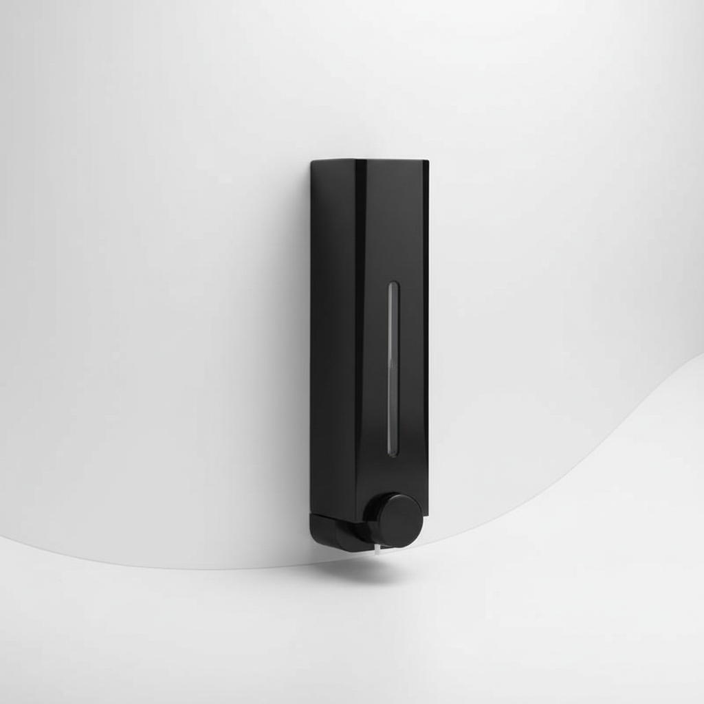 Close-up of LiquidMate wall-mounted liquid dispenser, showing sturdy plastic design for bathroom convenience