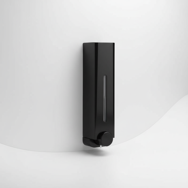 Close-up of LiquidMate wall-mounted liquid dispenser, showing sturdy plastic design for bathroom convenience