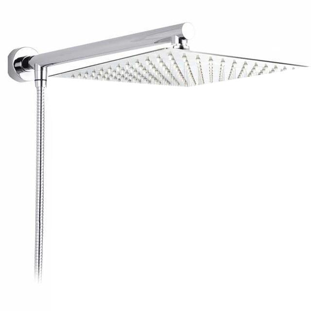 Polished chrome wall-mounted rain shower head, delivering luxurious rainfall. Modern bathroom upgrade.