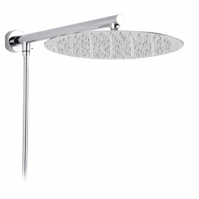 Stylish wall-mounted rain shower head in a modern bathroom setting, enhancing luxury and design.