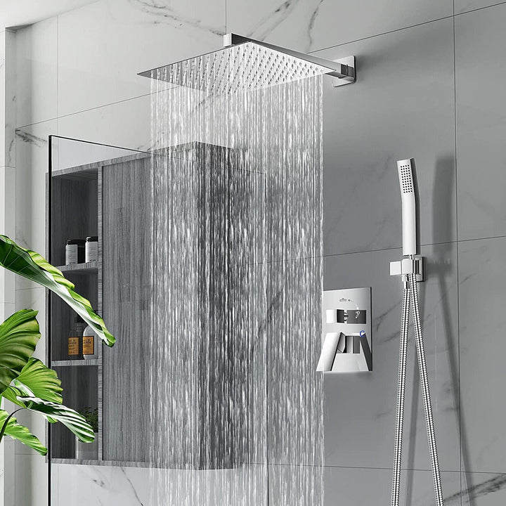 Elegant chrome rain shower head, wall-mounted for a modern bathroom. Enjoy a water-saving rainfall.