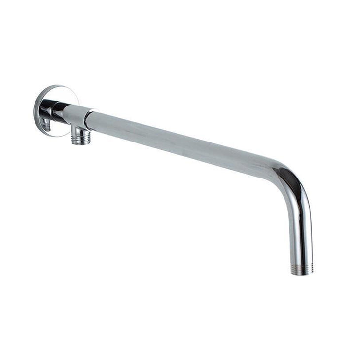 Close-up of a modern wall-mounted rain shower head, showcasing the luxurious chrome finish.
