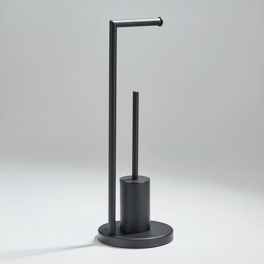 Freestanding NeatRoller toilet roll holder with brush, silver finish, an elegant bathroom accessory.
