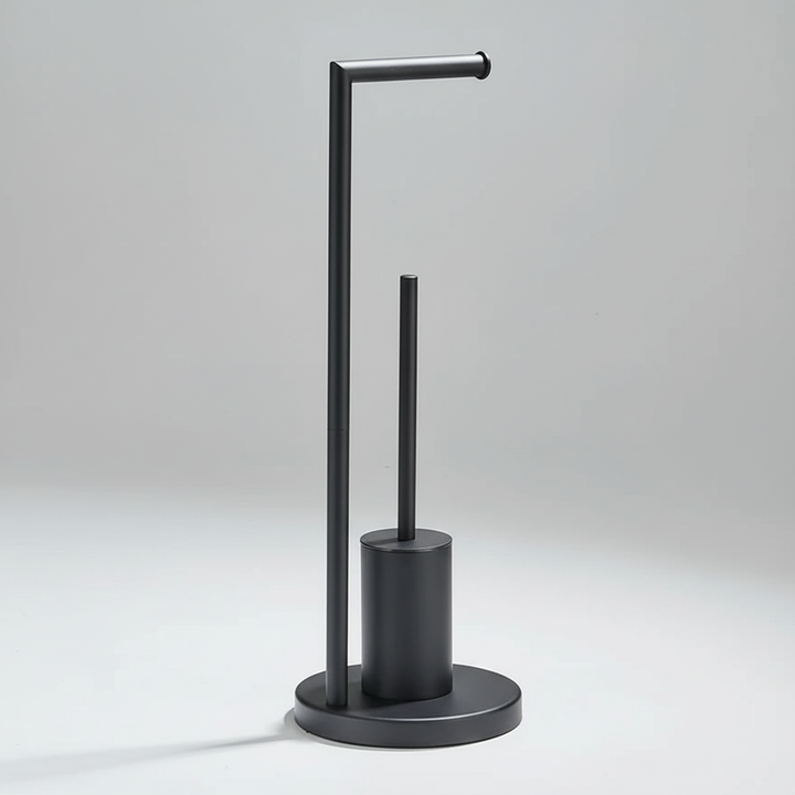 Freestanding NeatRoller toilet roll holder with brush, silver finish, an elegant bathroom accessory.