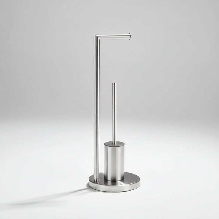 Contemporary design toilet paper stand with toilet brush, silver, enhancing home decor.