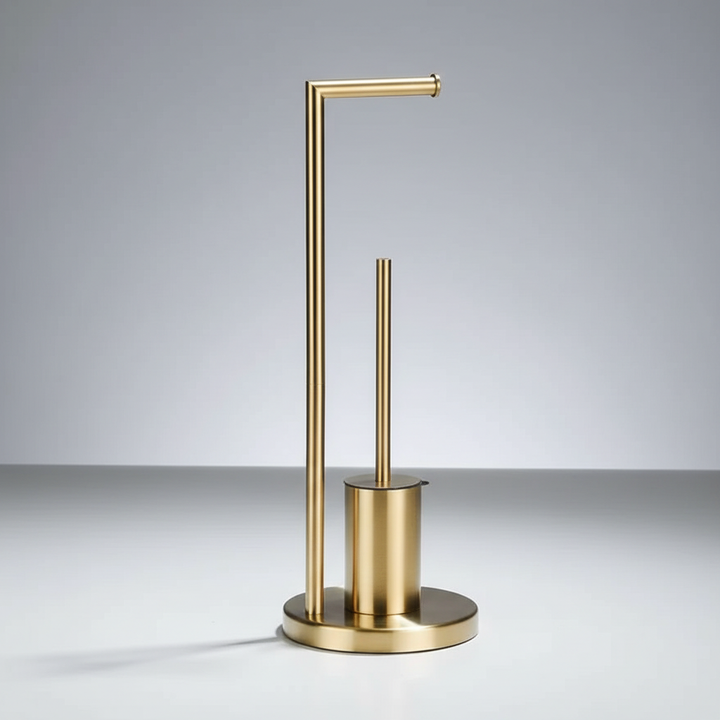 Space-saving wall-mounted toilet paper holder and brush in gold, a practical bathroom solution.