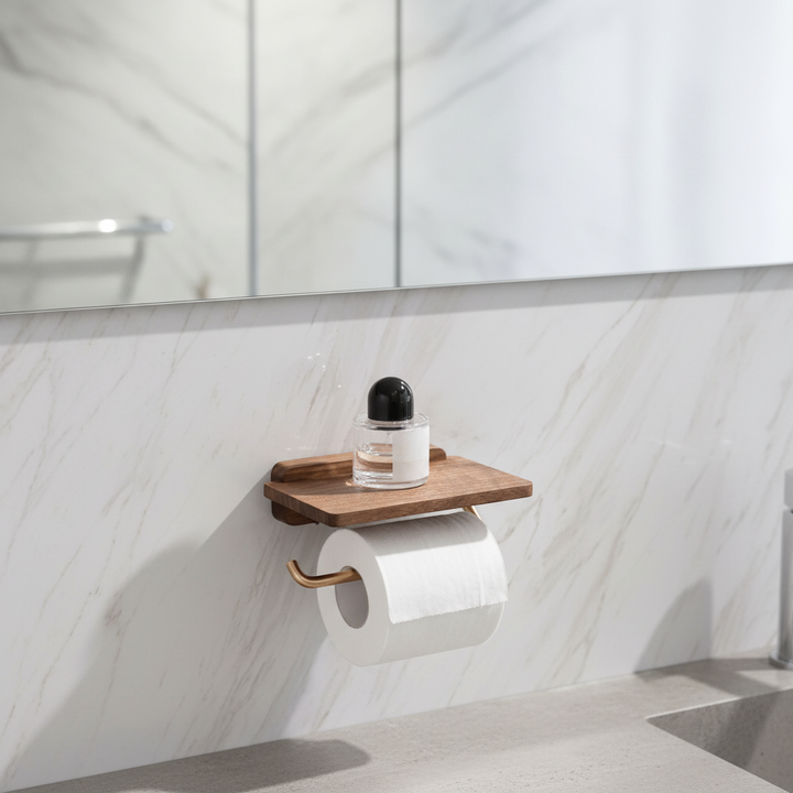Modern wall-mounted wood toilet paper holder with gold accent; bathroom storage
