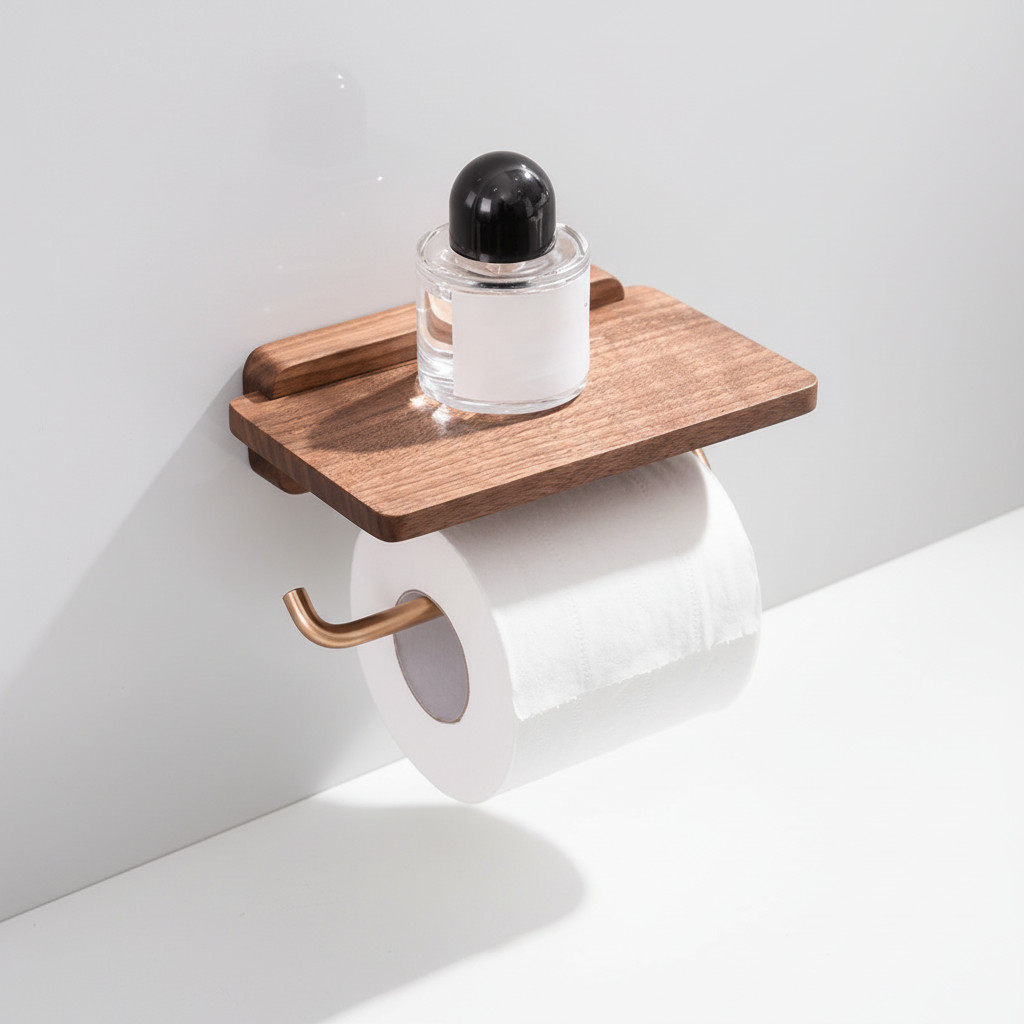 GlimmerShelf wooden toilet paper holder, wall-mounted, sleek design, bathroom decor