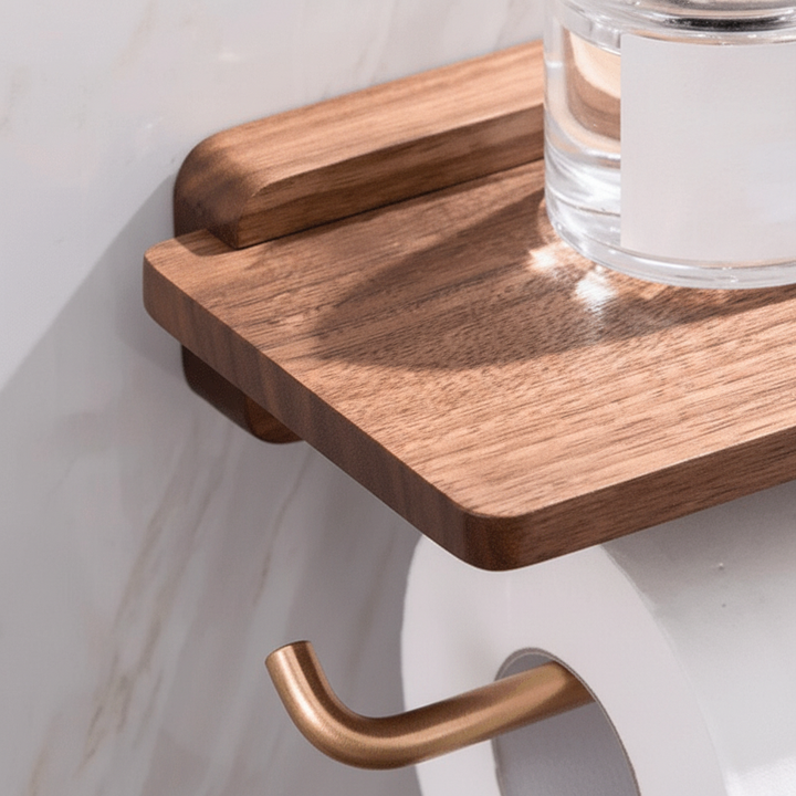 Unisex wood toilet paper holder with gold detail, ideal for modern bathroom organization