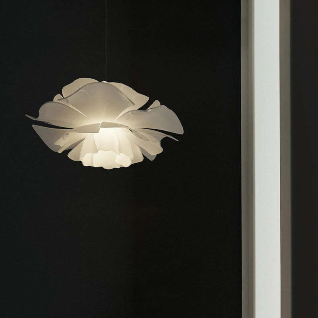 Modern white flower pendant lamp, metal, acrylic. Contemporary interior lighting solution.