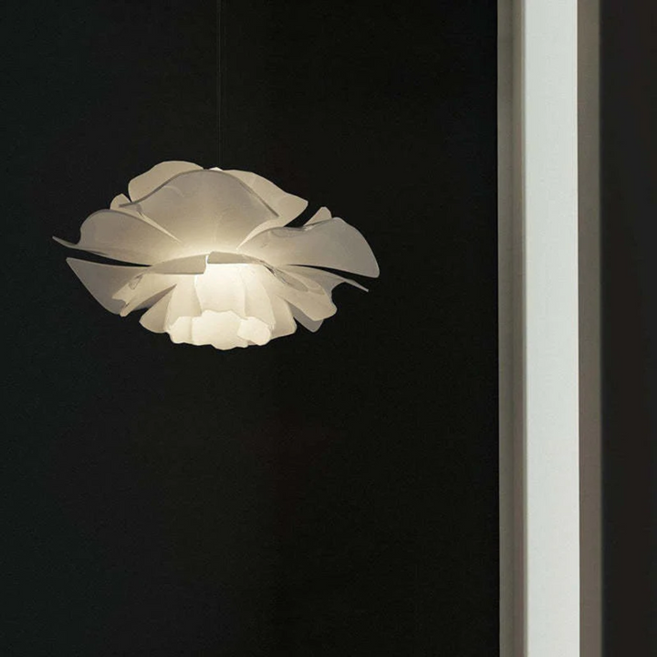 Modern white flower pendant lamp, metal, acrylic. Contemporary interior lighting solution.
