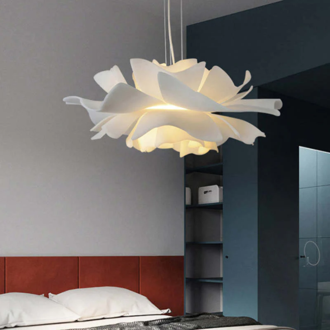 Elegant modern white flower pendant for living room lighting. Metal & acrylic.