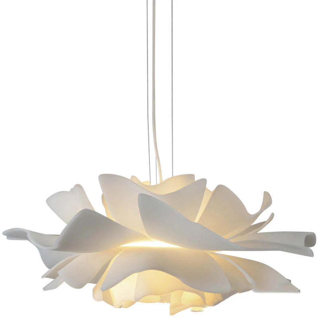 Contemporary white flower pendant lamp, elegant interior lighting for living spaces.