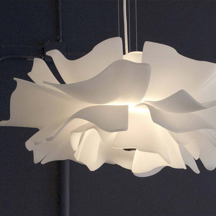 Elegant white metal flower pendant lamp with acrylic details, modern ceiling lighting.
