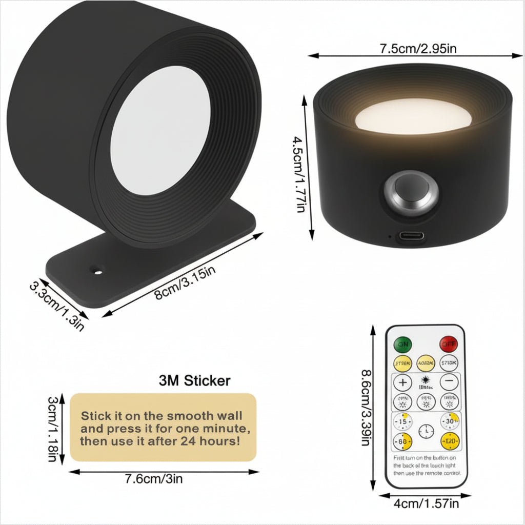 Modern wireless wall lamp, rechargeable LED light. Remote control allows dimmable ambient lighting & easy use.