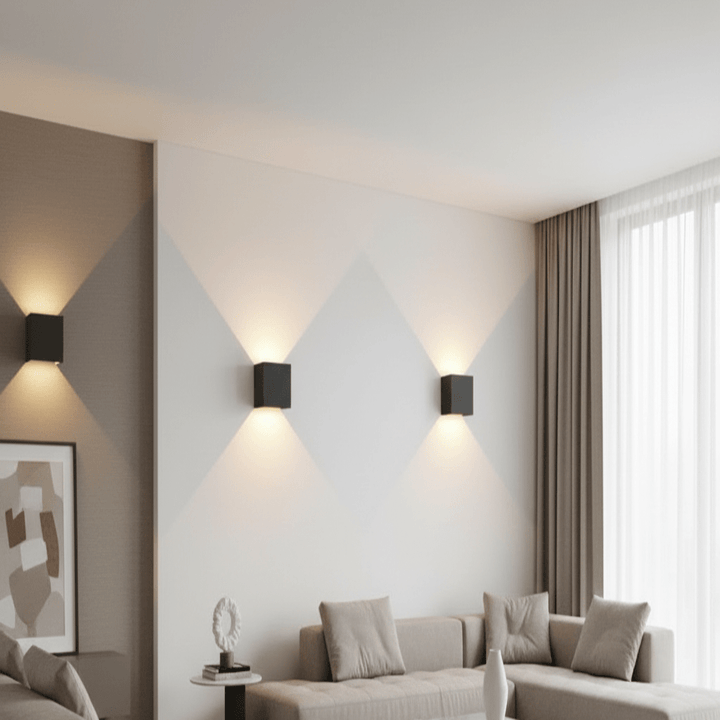 Modern wireless LED wall light with adjustable beam for warm interior accent lighting. USB rechargeable decorative fixture.