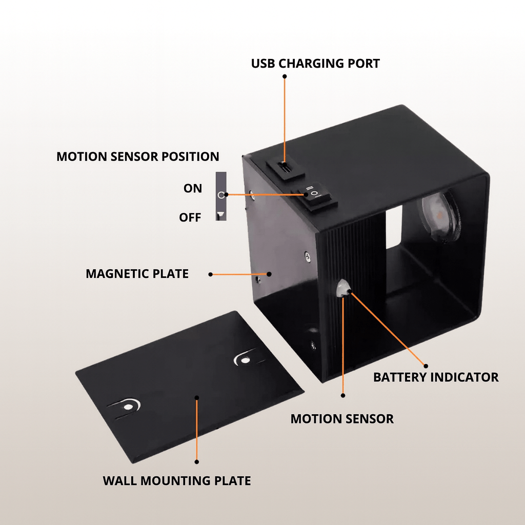 Wireless interior LED wall light with adjustable beam, perfect for modern accent lighting & home decor.
