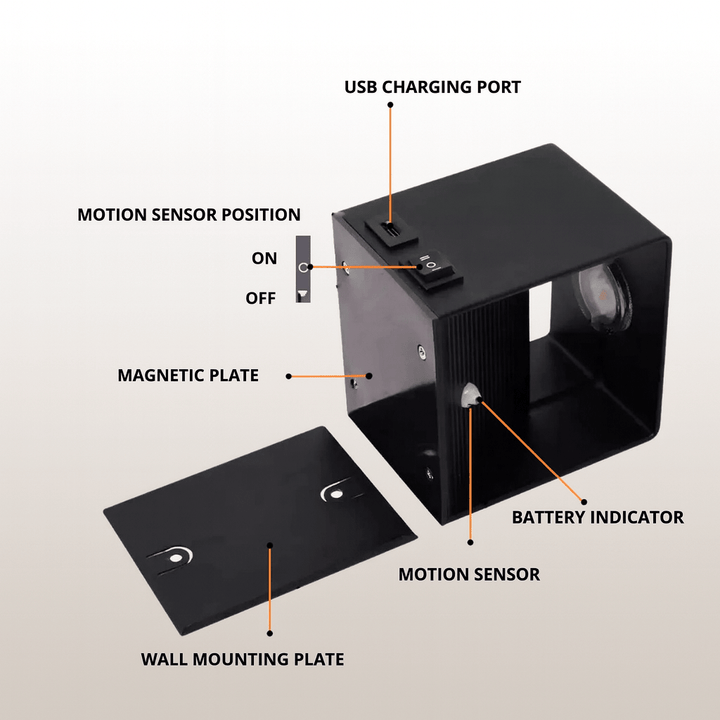 Wireless interior LED wall light with adjustable beam, perfect for modern accent lighting & home decor.